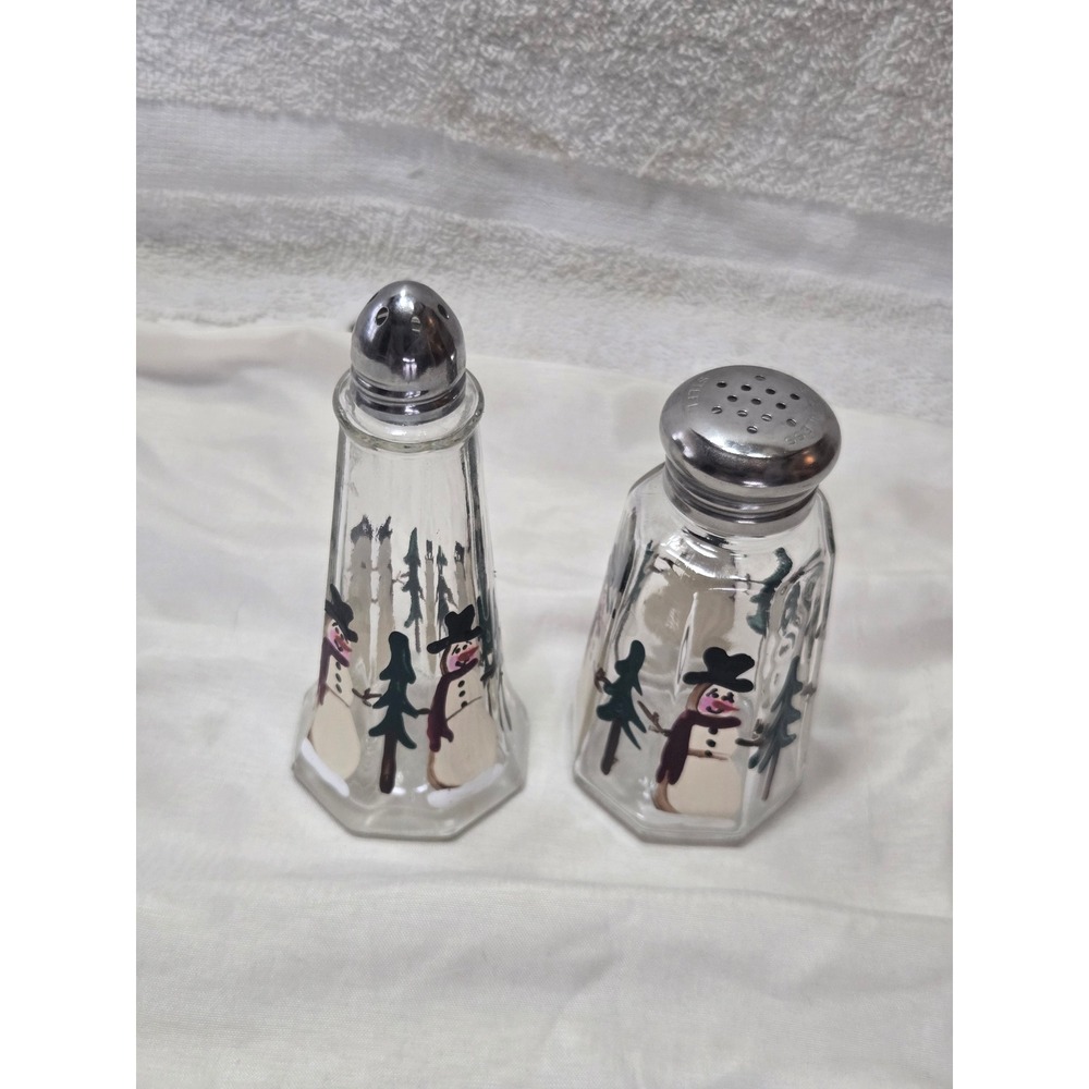 Vintage Hand Painted Snowman Glass Salt and Pepper Shakers Set Winter Christmas